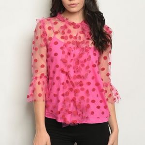 Fucshia Sheer PolkaDot Ruffle Blouse Top New M